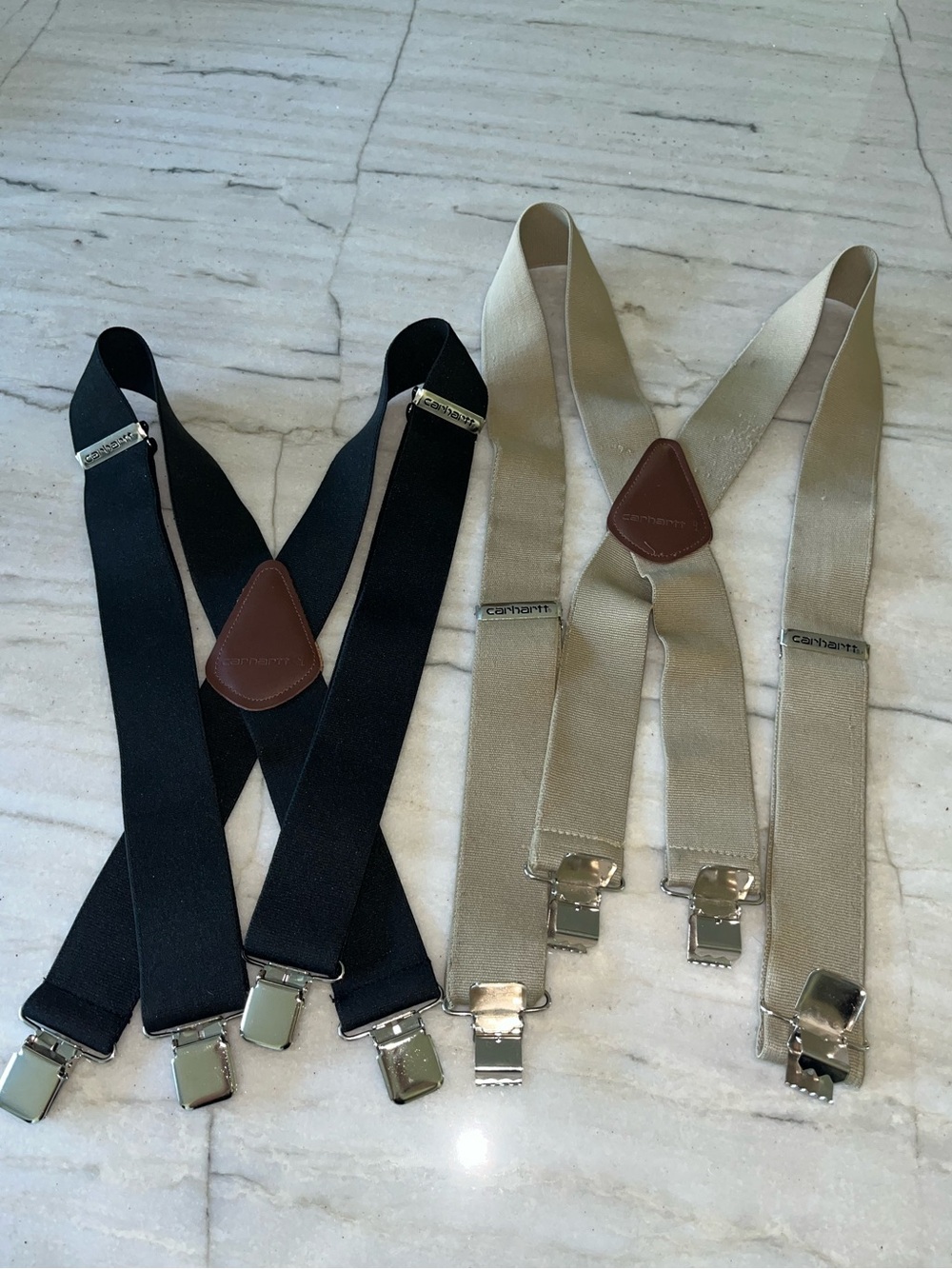 (2) Carhartt 2" Wide Clip-On Heavy Duty Suspenders Adjustable Black & Khaki